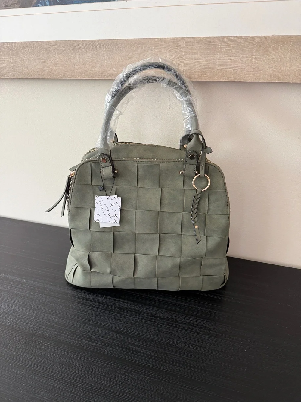 Woven Satchel Handbag in Olive Green